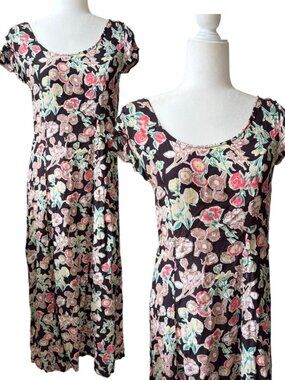 Vintage Karavan Floral Short Sleeve Midi Dress Medium Relaxed Fit Dark